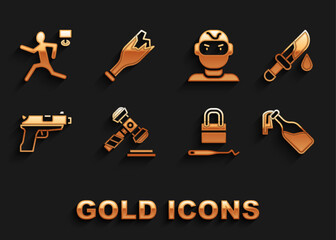 Wall Mural - Set Judge gavel, Bloody knife, Cocktail molotov, Lock picks for lock picking, Pistol gun, Thief mask, Murder and Broken bottle weapon icon. Vector