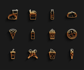 Sticker - Set line Paper glass with drinking straw and water, Ice cream, taco tortilla, Popcorn cardboard box, Sauce bottle, Pizza and icon. Vector