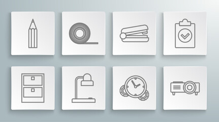 Sticker - Set line Archive papers drawer, Scotch, Table lamp, Time Management, Presentation, movie, film, media projector, Office stapler, Completed task and Pencil icon. Vector