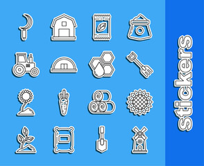 Sticker - Set line Windmill, Sunflower, Garden rake, A pack full of seeds of specific plant, Hangar, Tractor, Sickle and Honeycomb icon. Vector