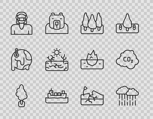 Sticker - Set line Tree, Cloud with rain, Forest, Oil tanker ship, Face protective mask, Drought, Earthquake and CO2 emissions cloud icon. Vector