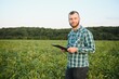 Young agronomist holds tablet touch pad computer in the soy field and examining crops before harvesting. Agribusiness concept. agricultural engineer standing in a soy field with a tablet in summer.