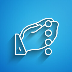 Sticker - White line Hands in praying position with rosary icon isolated on blue background. Praying hand islam muslim religion spirituality religious. Long shadow. Vector