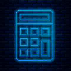 Canvas Print - Glowing neon line Calculator icon isolated on brick wall background. Accounting symbol. Business calculations mathematics education and finance. Vector