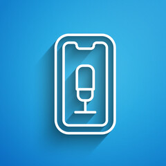 Sticker - White line Mobile recording icon isolated on blue background. Mobile phone with microphone. Voice recorder app smartphone interface. Long shadow. Vector