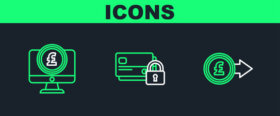 Poster - Set line Coin money with pound sterling symbol, Computer monitor and Credit card lock icon. Vector