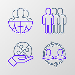 Canvas Print - Set line Human resources, Piece of puzzle in hand, Users group and Globe people icon. Vector