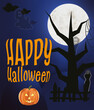 happy halloween plakat pocztówka księżyć północ wiedźma czary magia domki drzewo straszyć duch straszny