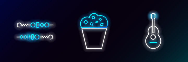 Sticker - Set line Guitar, Grilled shish kebab and Popcorn in cardboard box icon. Glowing neon. Vector