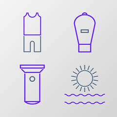 Poster - Set line Sun and waves, Flashlight, Lift bag and Wetsuit for scuba diving icon. Vector