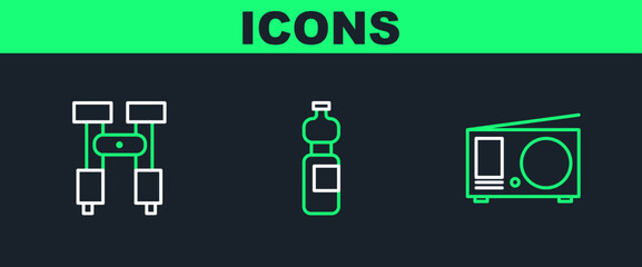 Canvas Print - Set line Radio with antenna, Binoculars and Bottle of water icon. Vector