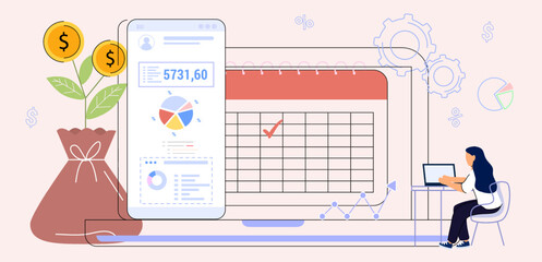 Financial planning app for earnings and expenses control Budget planning Cost optimization Budget management in mobile app Synchroniz computer Vector illustration flat Concept finance accounting. Tax