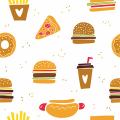 Vector pattern of fast food. Hamburger, pizza, coffee and other fast food drawn in a doodle style.	
