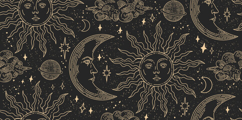 Wall Mural - seamless pattern with magical elements. set of linear vector illustrations. celestial illustrations 