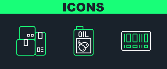 Canvas Print - Set line Barcode, Cash register machine and Bottle of olive oil icon. Vector