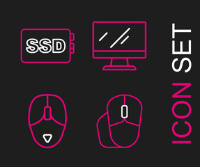 Sticker - Set line Computer mouse, monitor screen and SSD card icon. Vector