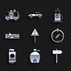 Wall Mural - Set Exclamation mark in triangle, Canteen water bottle, Road traffic signpost, Compass, Passport with ticket, Wooden log, Cup of tea tea bag and Rv Camping trailer icon. Vector