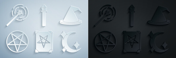 Wall Mural - Set Ancient magic book, Witch hat, Pentagram in circle, Moon and stars, Magic staff and wand icon. Vector