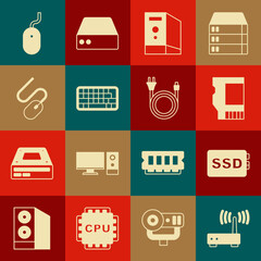 Canvas Print - Set Router and wi-fi signal, SSD card, Case of computer, Keyboard, Computer mouse, and Electric plug icon. Vector