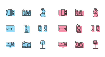 Wall Mural - Set line Video recorder or editor software on monitor, Musical instrument accordion, stand, player, Stereo speaker, VHS video cassette tape and synthesizer icon. Vector