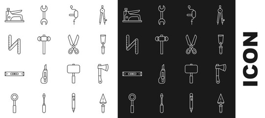 Set line Trowel, Wooden axe, Putty knife, Hand drill, Sledgehammer, Folding ruler, Construction stapler and Scissors icon. Vector