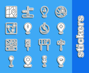 Sticker - Set line Location with coffee cup, Road traffic sign, Medical location cross, anchor, Route, City map navigation and Compass icon. Vector