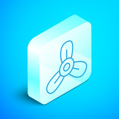 Poster - Isometric line Boat propeller, turbine icon isolated on blue background. Silver square button. Vector