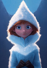 Illustration Of A Cute Anime Blue Eyed Snow Queen. A Beautiful Redhaead In A Fluffy Winter Coat From A Winter Fairy Tale.,Generative AI	