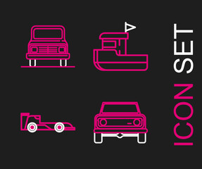 Poster - Set line Off road car, Formula race, Fishing boat and Car icon. Vector