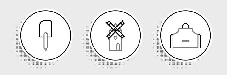 Set line Kitchen apron, Spatula and Windmill icon. Vector