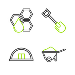 Poster - Set line Wheelbarrow with dirt, Hangar, Shovel and Honeycomb icon. Vector