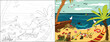 Vector bright cartoon illustration for a coloring book. Picnic on a beach.