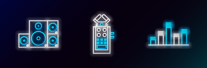 Sticker - Set line Music equalizer, Stereo speaker and Microphone icon. Glowing neon. Vector