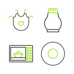 Sticker - Set line Plate, Microwave oven, Salt and pepper and Kitchen apron icon. Vector