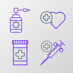 Sticker - Set line Medical syringe with needle, Medicine bottle, Heart cross and nozzle spray icon. Vector