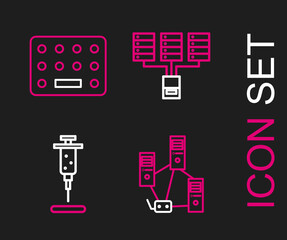 Sticker - Set line Computer network, Syringe, Server, Data, Web Hosting and Pills blister pack icon. Vector