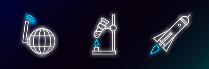 Poster - Set line Rocket ship with fire, Social network and Test tube flask on icon. Glowing neon. Vector