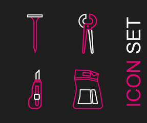 Poster - Set line Cement bag, Stationery knife, Pincers and pliers and Metallic nail icon. Vector