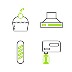 Sticker - Set line Electric mixer, French baguette bread, Kitchen extractor fan and Cake icon. Vector