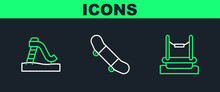 Set Line Bungee, Kid Slide And Skateboard Trick Icon. Vector