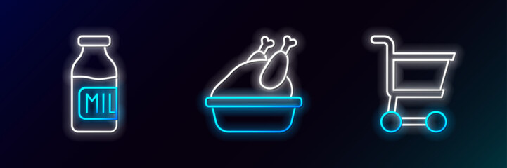 Canvas Print - Set line Shopping cart, Bottle with milk and Roasted turkey or chicken icon. Glowing neon. Vector