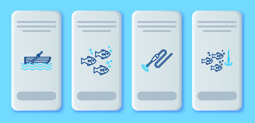 Poster - Set line Fish, Fishing line with hook and float, boat oars on water and under fish icon. Vector