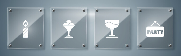 Sticker - Set Signboard party, Cocktail, Ice cream in bowl and Birthday cake candles. Square glass panels. Vector