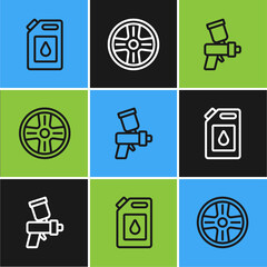 Poster - Set line Canister for motor oil, Paint spray gun and Alloy wheel icon. Vector