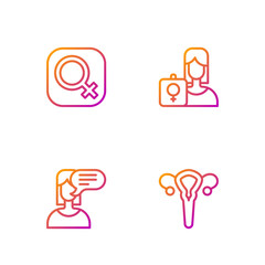 Sticker - Set line Female reproductive system, opinion, gender and Feminist activist. Gradient color icons. Vector