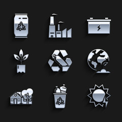 Sticker - Set Recycling plastic bottle, Recycle bin with recycle symbol, Solar energy panel, Earth globe and plant, Eco friendly house, Plant, Car battery and Can can icon. Vector