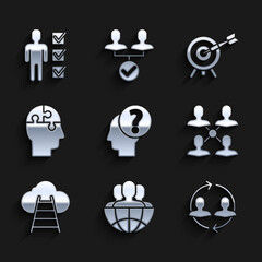 Sticker - Set Human head with question mark, Globe and people, resources, Project team base, Ladder leading to cloud, puzzles strategy, Target arrow and User of business suit icon. Vector