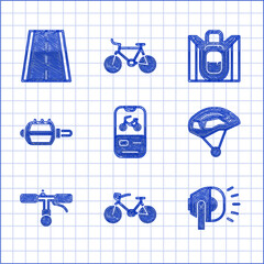 Sticker - Set Bicycle rental mobile app, head lamp, helmet, handlebar, pedal, Hiking backpack and lane icon. Vector