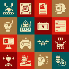 Poster - Set Robot setting, Computer api interface, Technical specification, Error robot, Smart glasses, Robotic arm factory and Battery icon. Vector