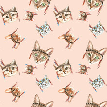 Watercolor Cat Pattern, Cute Fabric Design For Kids, Native American Costume, Peach Background Seanpless Pattern, Scrapbooking,wallpaper,wrapping, Gift,paper, For Clothes, Children Textile,digital 